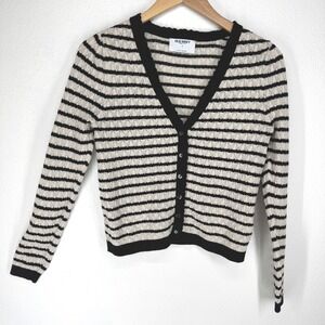 Old Navy Striped Pointelle Cardigan Sweater Cream Black Medium Parisian Preppy